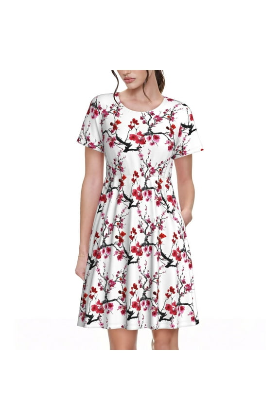 Cherry Blossoms for Womens Summer 2025 Casual Midi Maxi Dresses Lightweight Short Sleeve Round Neck Beach Dress -X-Large