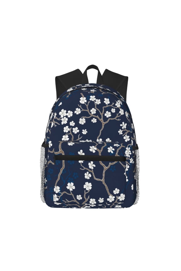 Cherry Blossoms on Navy Background Print Unisex Large Capacity Bookbag Schoolbag Casual Daypack for High School/College/Teens/Travel/Work