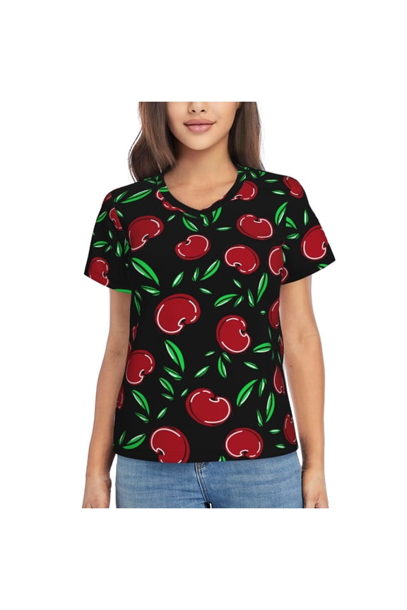 Cherry Women Shirts V Neck Short Sleeve Tops T-Shirt Basic Tees, S to 3XL3X-Large