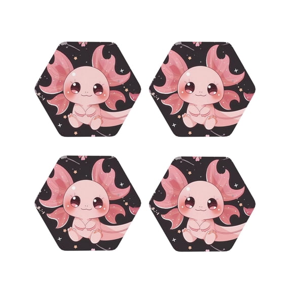 Vsdgher Chibi Axolotl Sakura Fantasy Leather Coasters for Drinks, Durable Drink Coasters 4 Set for Tabletop Protection, Luxurious Home Décor and Housewarming Gift-Hexagon