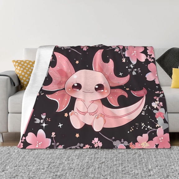 Vsdgher Chibi Axolotl Sakura Fantasy Pattern Fleece Throw Blanket, Horizontal Fleece Bedding Home Decor for Couch & Bed All Season Use -60"x50"