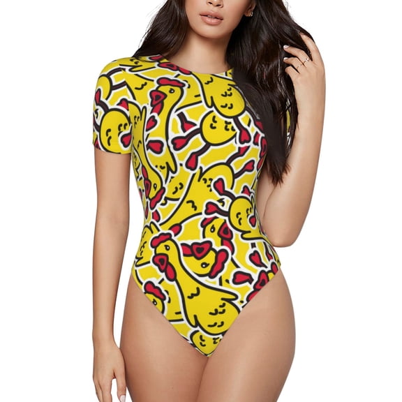 Vsdgher Chicken Cartoon Prinr Short Sleeve Body suit for Womens, Sexy Onesie One Piece Round Neck Bodysuit Shapewear Tummy Control-Small