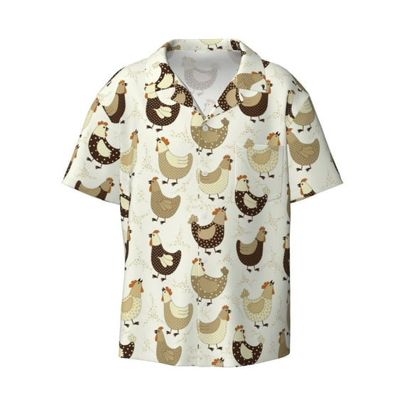 Vsdgher Chicken Cartoon Print Men's Wrinkle Free Untucked Cuban Shirt Business Casual Button Down Shirts Short Sleeve Shirt