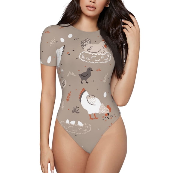 Vsdgher Chicken Prinr Short Sleeve Body suit for Womens, Sexy Onesie One Piece Round Neck Bodysuit Shapewear Tummy Control-Medium
