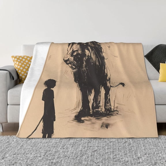 Vsdgher Child And Lion Sketch Pattern Fleece Throw Blanket, Horizontal Fleece Bedding Home Decor for Couch & Bed All Season Use -40"x30"
