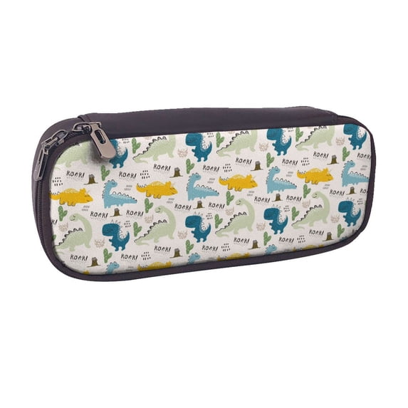 Vsdgher Childish Dinosaur Print Pen Case Leather Pencil Pouch Markers Holder Big Capacity Bag with Zippered Pocket for Stationery Tool