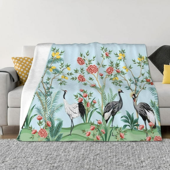 Vsdgher Chinoiserie Floral Palm Tree Pattern Fleece Throw Blanket, Horizontal Fleece Bedding Home Decor for Couch & Bed All Season Use -40"x30"