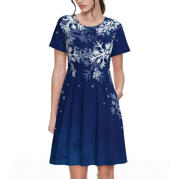 Vsdgher Christmas Blue for Womens Summer 2025 Casual Midi Maxi Dresses Lightweight Short Sleeve Round Neck Beach Dress -Medium