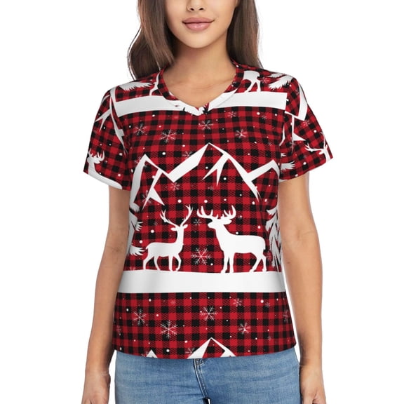 Vsdgher Christmas Buffalo Plaid Women Shirts V Neck Short Sleeve Tops T-Shirt Basic Tees, S to 3XLSmall