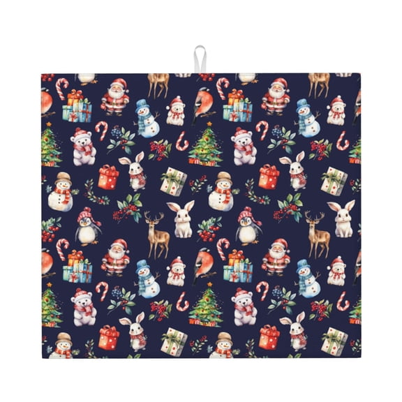 Vsdgher Christmas Critters Delight Print Dish Drying Mat, Kitchen Counter Mat, Dish Drying Pad for Dishes, Utensils, Pots and Pans,16" x 18"