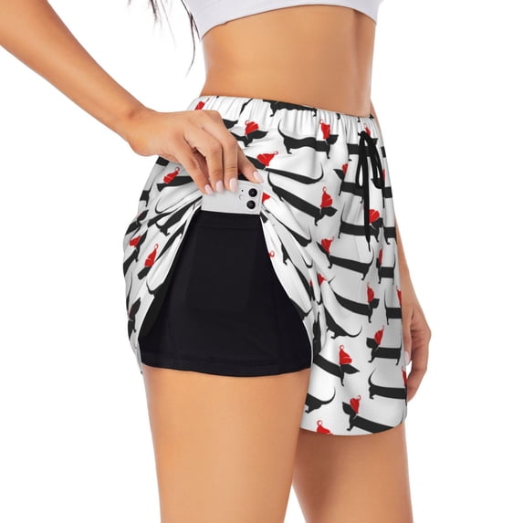 Vsdgher Christmas Dachshund Print Women's Running Double Layer Shorts High Waisted with Pockets Elastic Yoga Workout Athletic Gym Sports