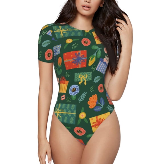 Vsdgher Christmas Gift Prinr Short Sleeve Body suit for Womens, Sexy Onesie One Piece Round Neck Bodysuit Shapewear Tummy Control-Medium