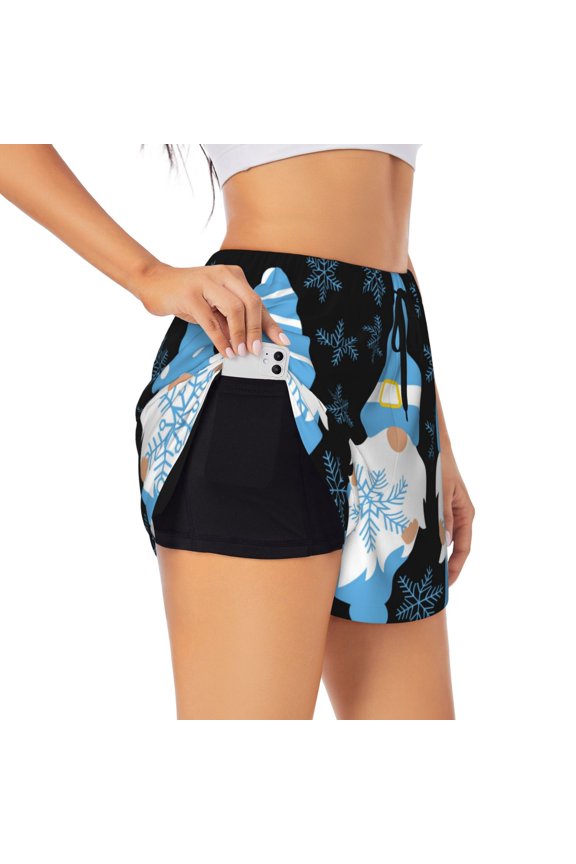 Christmas Gnome Snowflake Athletic Shorts for Women, Women's Running Double Layer Shorts, High Waisted Yoga Shorts, Workout Athletic Shorts-