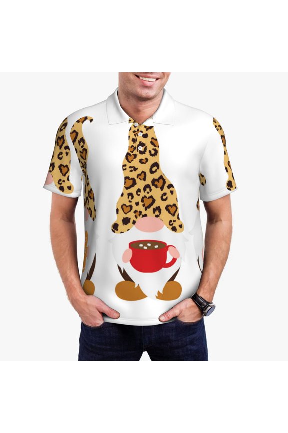 Christmas Gnomes In Leopard Polo Shirts for Men, Men's Short Sleeve Stretch Polo Shirt, Shirts for Men-Large