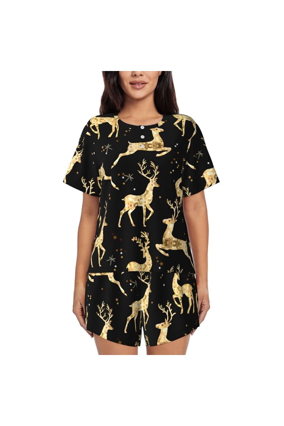 Christmas Gold Deers Pattern Womens Pajamas 2 Piece Short Sleeve Sleepwear Set,Summer Soft Pajamas Set Casual Lounge Sets, 2-Piece Pj -X-Large