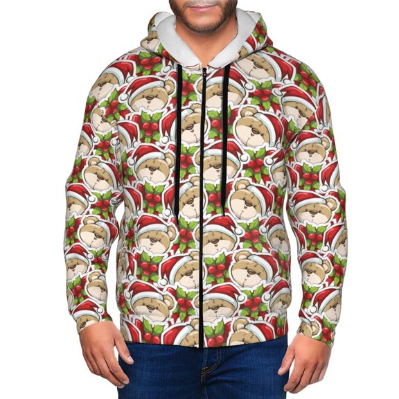 Vsdgher Christmas Hat bear Mens Hoodies Zip Hoodie, Hoodies for Men, Zip-up Hooded Sweatshirt-Small