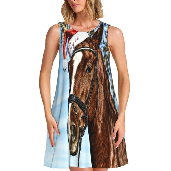 Vsdgher Christmas Horse Print Summer Dresses for Women Casual U Neck Beach Dress Sleeveless Tank Loose Sundress with Pocket -Medium