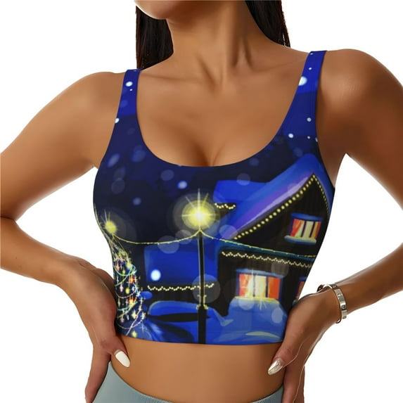 Vsdgher Christmas Night Print Women Sleeveless Athletic Tank Top Built-in Bra Camisole Sports Vest for Yoga Running Fitness Exercise with Removable Pads