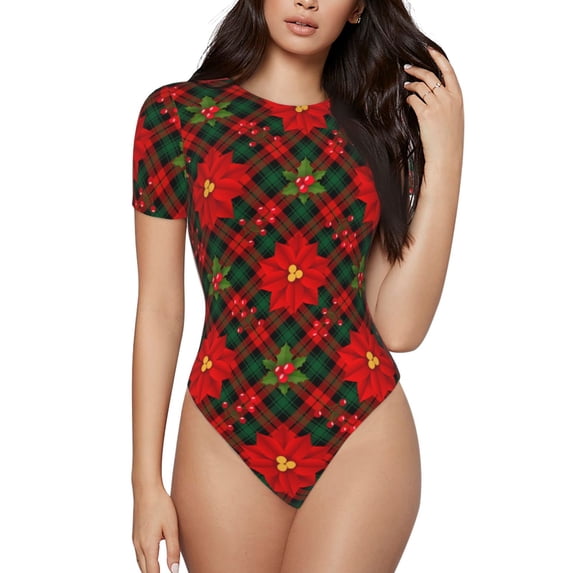 Vsdgher Christmas Plaid Flower Prinr Short Sleeve Body suit for Womens, Sexy Onesie One Piece Round Neck Bodysuit Shapewear Tummy Control-X-Large