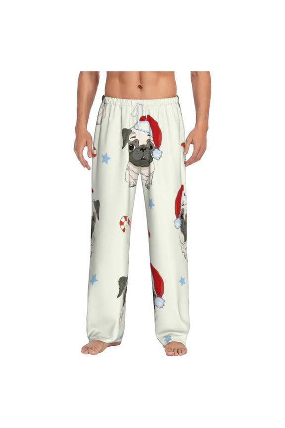 Christmas Pug Dog Print Mens Pajama Pants Sleep & Lounge Pants, PJ Bottoms With elastic waistb and Pockets