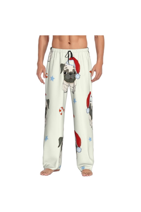 Christmas Pug Dog Print Mens Pajama Pants Sleep & Lounge Pants, PJ Bottoms With elastic waistb and Pockets