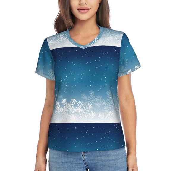 Vsdgher Christmas Snowflakes Women Shirts V Neck Short Sleeve Tops T-Shirt Basic Tees, S to 3XLSmall