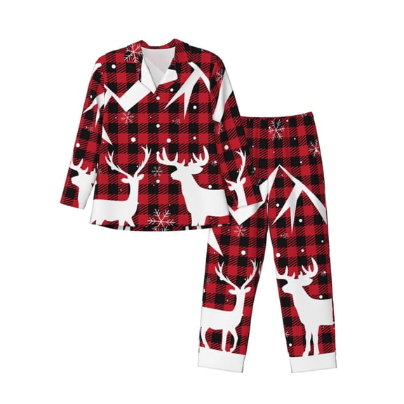 Vsdgher Christmas Tree Buffalo Plaid Mens Pajama Set, Soft Warm Long Sleeve Sleepwear, Cozy Button-Down Pjs for Men-