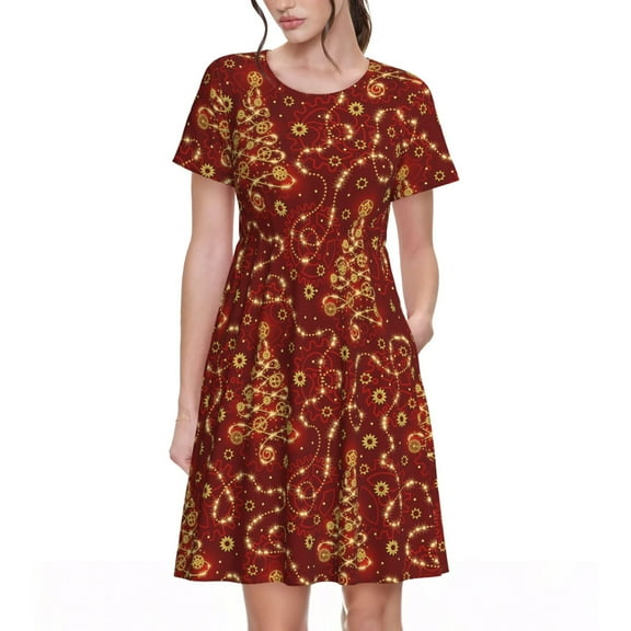 Vsdgher Christmas Tree On A Red Background for Womens Summer 2025 Casual Midi Maxi Dresses Lightweight Short Sleeve Round Neck Beach Dress -XX-Large