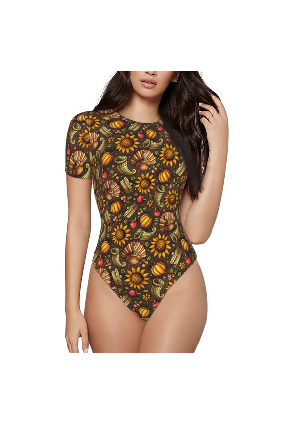 Chrysanthemum turkey Prinr Short Sleeve Body suit for Womens, Sexy Onesie One Piece Round Neck Bodysuit Shapewear Tummy Control-Large