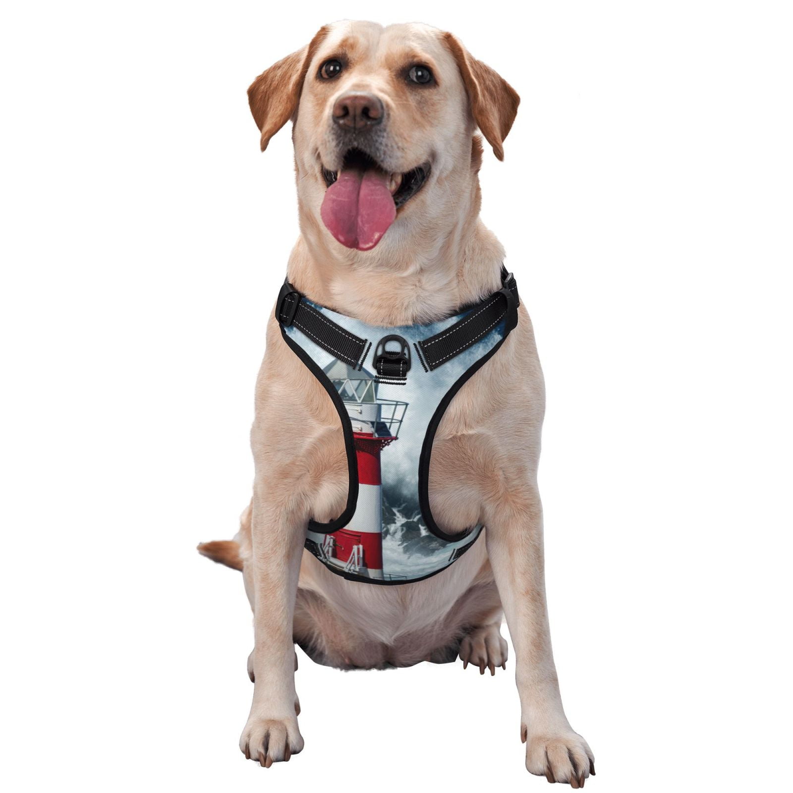 Vsdgher Circular Lighthouse Pattern Dog Harness,No Pull Pet Harness with Soft Padded Handle,Adjustable Reflective Vest with 2 Buckles,4 Slide Buckles,S-XL