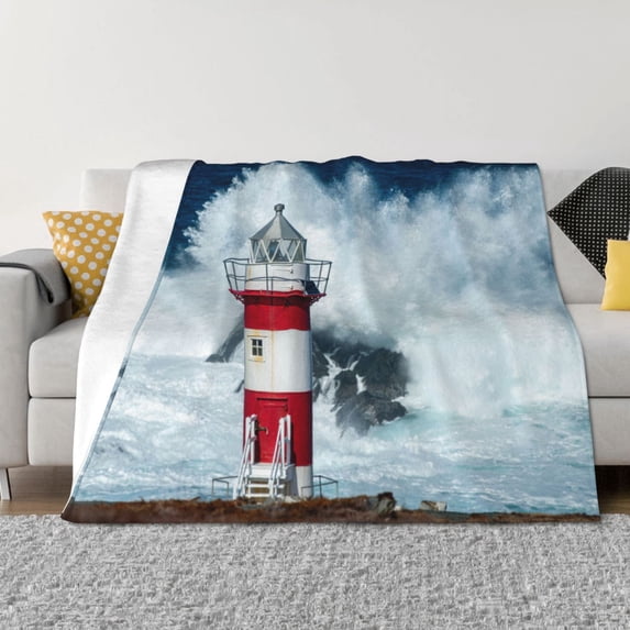 Vsdgher Circular Lighthouse Pattern Fleece Throw Blanket, Horizontal Fleece Bedding Home Decor for Couch & Bed All Season Use -40"x30"