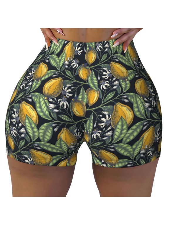 Citrus Fruits Elegant Lemons print Workout Shorts for Women Seamless Soft Smooth Gym Yoga Scrunch Active Exercise Fitness Shorts