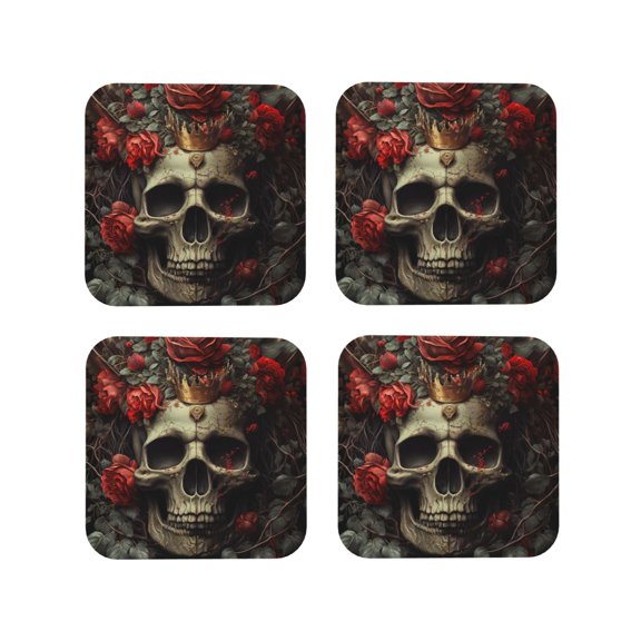 Vsdgher Classical Rose Crown Skull Leather Coasters for Drinks, Durable Drink Coasters 4 Set for Tabletop Protection, Luxurious Home Décor and Housewarming Gift ( {designName})Square