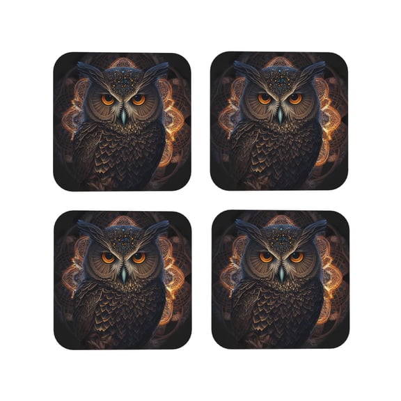 Vsdgher Classical Style Brown Owl Leather Coasters for Drinks, Durable Drink Coasters 4 Set for Tabletop Protection, Luxurious Home Décor and Housewarming Gift ( {designName})Square