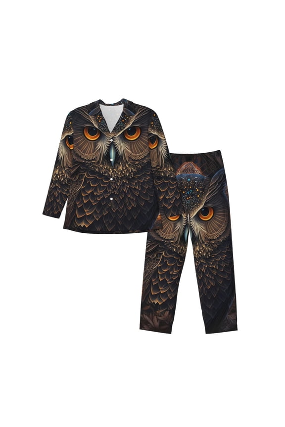 Classical Style Brown Owl Mens Pajama Set, Soft Warm Long Sleeve Sleepwear, Cozy Button-Down Pjs for Men-XX-Large
