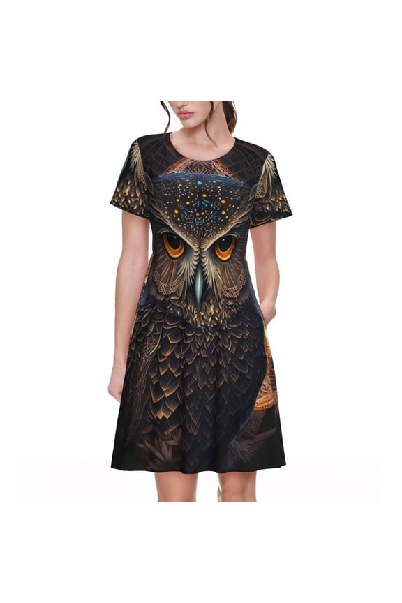 Classical Style Brown Owl for Womens Summer 2025 Casual Midi Maxi Dresses Lightweight Short Sleeve Round Neck Beach Dress -Medium