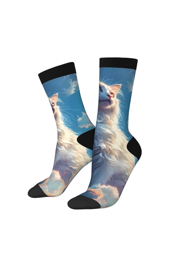 Clear Sky Blue Cat Crew Socks for Men & Women, Breathable Casual Athletic Ankle Socks