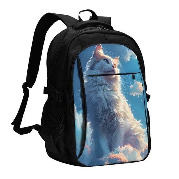 Vsdgher Clear Sky Blue Cat Print Travel Laptop Backpack, Laptops Backpack with USB Charging Port, Water Resistant Computer Bag Gift for Men & Women