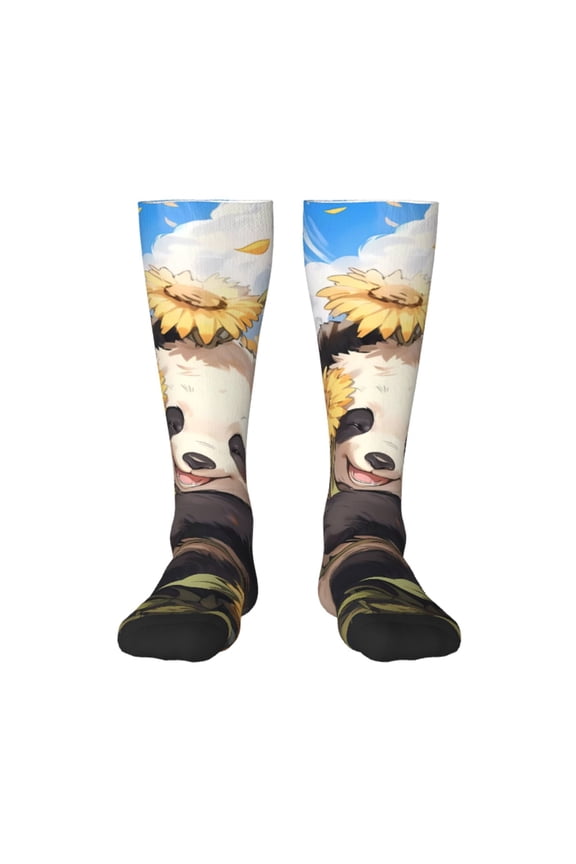 Clear Sky Cute Sunflower Panda Print Thigh High Socks Extra Long Stretchy Sock Women Over Knee High Opaque Stocking Daily Wear