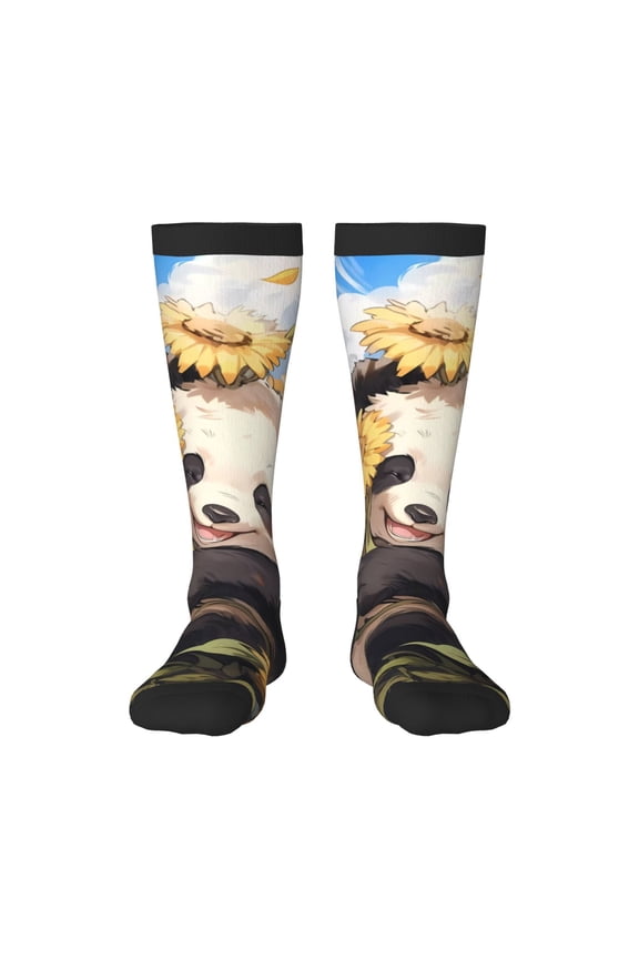 Clear Sky Cute Sunflower Panda Print Thigh High Socks Extra Long Stretchy Sock Women Over Knee High Opaque Stocking Daily Wear