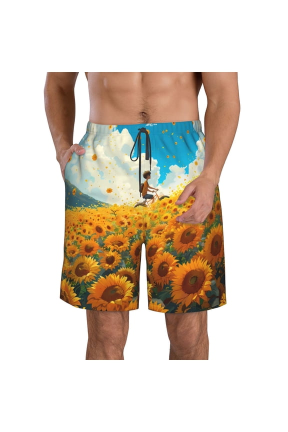 Clear Sky Sunflower Men's Beach Shorts, Surfing shorts, Swim trunks, Quick Dry Swim Trunks for Surfing Beach Fun -Medium
