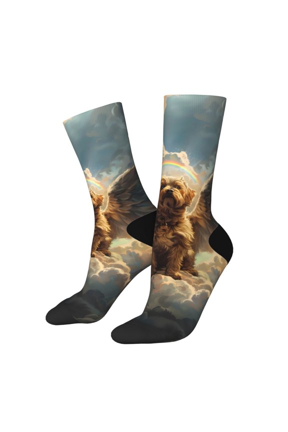 Cloud Rainbow Winged Dog Crew Socks for Men & Women, Breathable Casual Athletic Ankle Socks