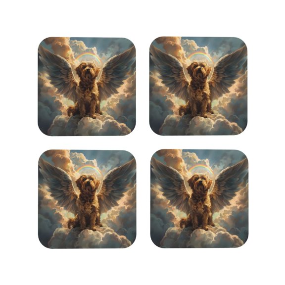 Vsdgher Cloud Rainbow Winged Dog Leather Coasters for Drinks, Durable Drink Coasters 4 Set for Tabletop Protection, Luxurious Home Décor and Housewarming Gift ( {designName})Square