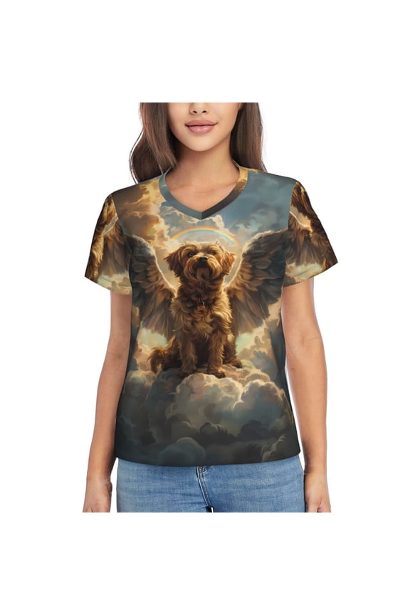 Cloud Rainbow Winged Dog Women Shirts V Neck Short Sleeve Tops T-Shirt Basic Tees, S to 3XLSmall