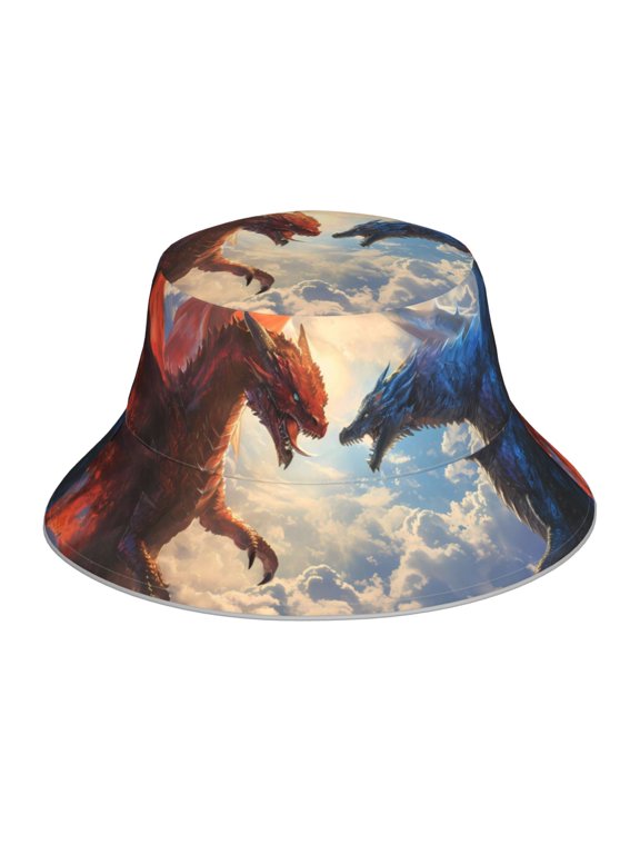 Cloud Red And Blue Dragon Print Bucket Hat for Men&Women Bucket Hat Reversible Summer Double-Side-Wear Travel Gardening, Beach, Camping, Hiking, Fishing Cap
