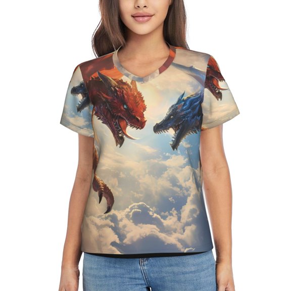 Vsdgher Cloud Red And Blue Dragon Women Shirts V Neck Short Sleeve Tops T-Shirt Basic Tees, S to 3XLMedium