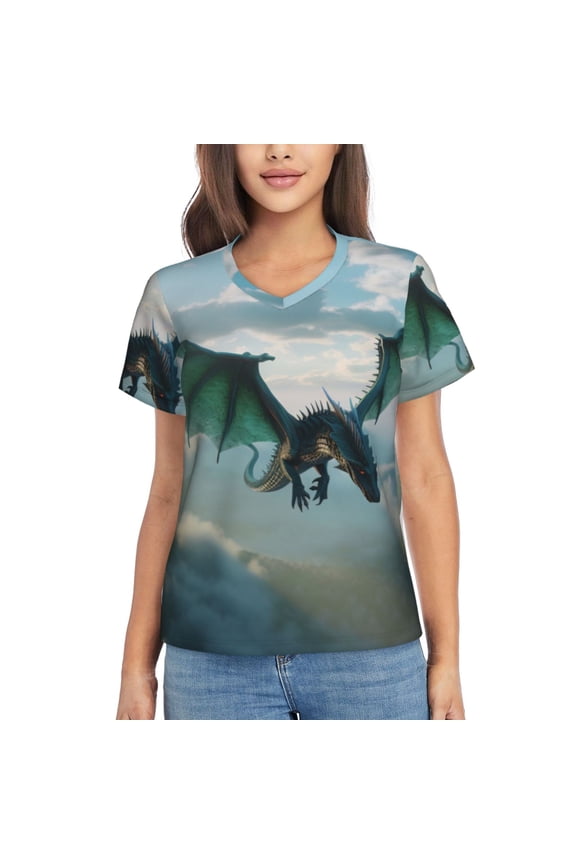Cloud Sky Green Dragon Women Shirts V Neck Short Sleeve Tops T-Shirt Basic Tees, S to 3XLSmall