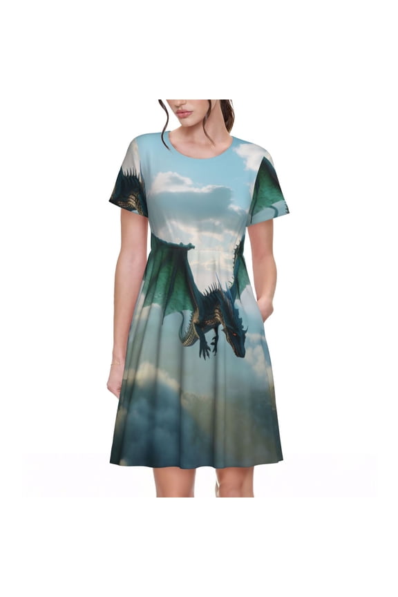Cloud Sky Green Dragon for Womens Summer 2025 Casual Midi Maxi Dresses Lightweight Short Sleeve Round Neck Beach Dress -Small