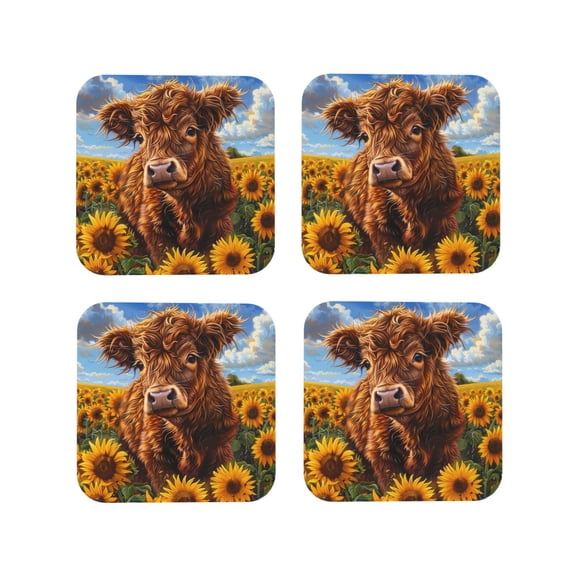 Vsdgher Cloud Sky Sunflower Cow Leather Coasters for Drinks, Durable Drink Coasters 4 Set for Tabletop Protection, Luxurious Home Décor and Housewarming Gift ( {designName})Square