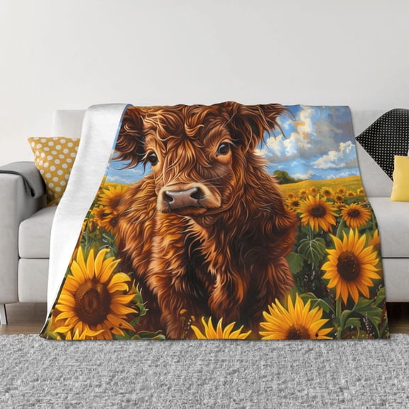 Vsdgher Cloud Sky Sunflower Cow Pattern Fleece Throw Blanket, Horizontal Fleece Bedding Home Decor for Couch & Bed All Season Use -50"x40"